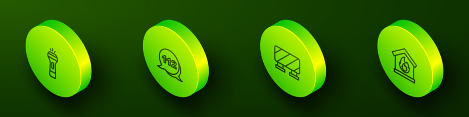 Set Isometric line Flashlight, Emergency call, Road barrier and Fire in burning house icon. Vector