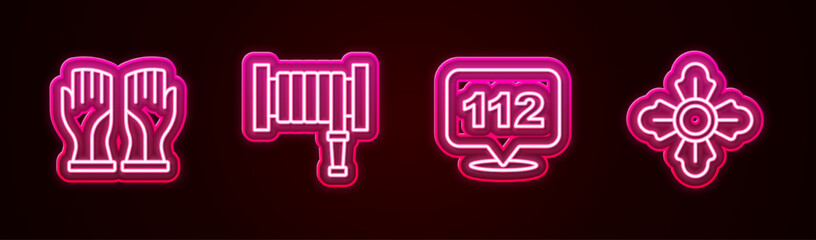Set line Firefighter gloves, hose reel, Emergency call and . Glowing neon icon. Vector