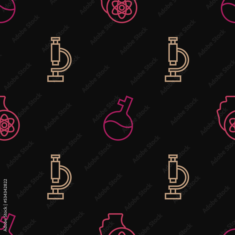 Poster set line atom, microscope and test tube on seamless pattern. vector