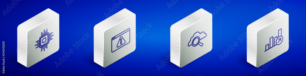 Poster set isometric line processor cpu, browser with exclamation mark, search cloud computing and financia