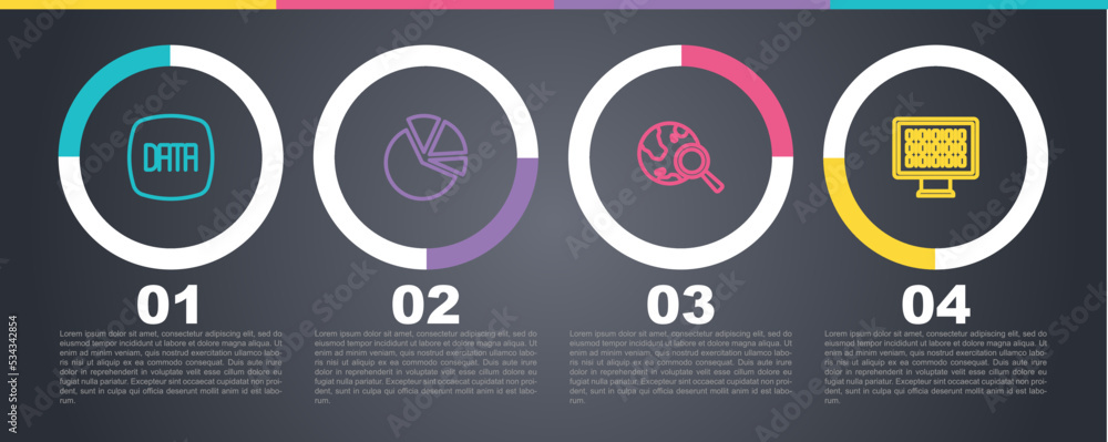 Poster set line data analysis, pie chart infographic, search globe and binary code. business infographic te