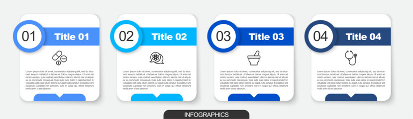 Set line Medicine pill or tablet, Atom, Mortar and pestle and Stethoscope. Business infographic template. Vector