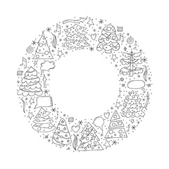 Cute christmas trees in the shape of a circle.Vector illustration in doodle style. Winter mood. Hello 2023. Merry Christmas and Happy New Year.