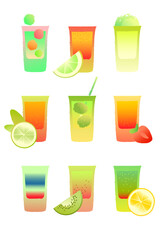 Bright colorful glass shooter set. Vector image with gradient and texture. Alcoholic drinks with berries. Glass of tequila, vodka, cocktail, shot drink.