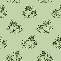 A vector seamless pattern with repeating green palm on a light green background for backdrops, fabrics, wrapping paper, greeting or invitation card or wallpaper