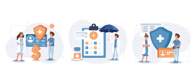 Fototapeta na wymiar Health insurance illustration set. Doctor offering medical insurance policy contract. Patient holding insurance ID card. Medicine and healthcare concept. Vector illustration.