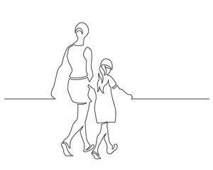 Continuous line drawing of walking couple. Mother with daughter. Vector illustration