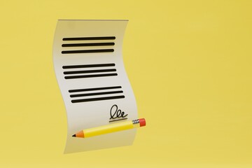 the concept of formal marriage. marriage certificate and pencil on a yellow background. 3D render