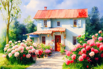 Painting with a house, flower beds.