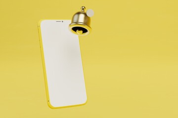 notification system on the smartphone. smartphone and bell on a yellow background. copy paste, copy space. 3D render