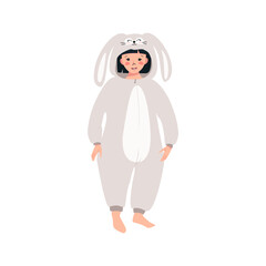 Girl in carnival rabbit costume. Children pajama party. Kid wearing jumpsuits or kigurumi, festive clothing for new year, Christmas or holiday. Vector flat illustration