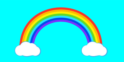  Rainbow and white clouds set on light blue background in flat style Vector illustration