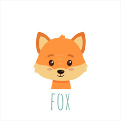 funny fox in cartoon style. Flat animal. Vector illustration of  fox  head for cards,magazins,banners