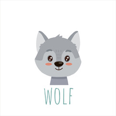 cute cartoon wolf. Animal in flat style. Vector illustration of wolf face head for cards,magazins,banners
