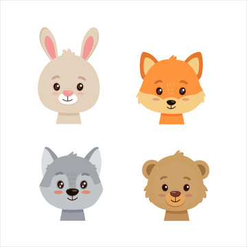 set of cute cartoon forest animals including a fox, bear, rabbit, bunny, and wolf. Vector illustration of forest animal heads and faces.