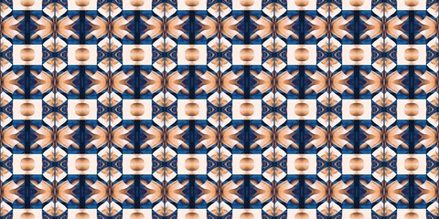  Blue white watercolor azulejo tile border background. Seamless coastal blur bleed geometrical floral mosaic effect banner. Ornamental arabesque summer fashion repeat edge trim.