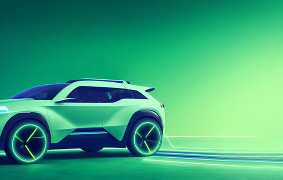 Concept Generic Electric Crossover Car Design In Green Electric Futuristic Style With Copy Space, Mixed Digital 3d Illustration And Matte Painting.