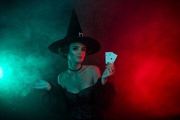 Photo of dark witch lady dealer playing cards poker bet fortune fate gamble isolated on mystic...