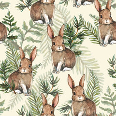 Hand drawn cute rabbit and leaves watercolor seamless pattern illustration background woodland bunny