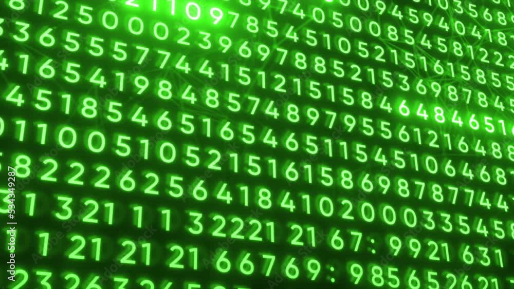 Poster dark background with green and purple numbers. motion.complex digital codes that manifest themselves