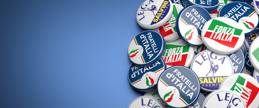 Elections In Italy. Logos Of The Right Wing Parties Fratelli D'Italia, Lega Per Salvini Premier, Forza Italia