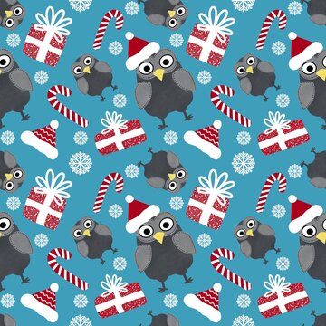 Cartoon owl seamless Christmas gifts box and Santa hat pattern for wrapping and clothes print and kids and fabrics