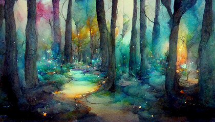 A fabulous watercolor ancient illustration of a tree of life with a bright aura. Magic fairy forest.