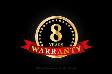 Fototapeta na wymiar 8 years golden warranty logo with ring and red ribbon isolated on black background, vector design for product warranty, guarantee, service, corporate, and your business.