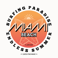 Miami beach surfing theme logo in retro style. Vector illustration.