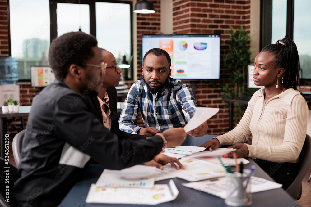 Poster startup employees doing teamwork to plan project, analyzing information and data on documents. using