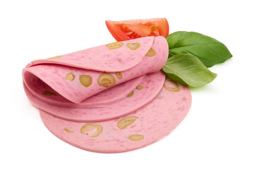 Spanish sausage slices with olives, traditional smoked sausage, close-up, isolated on white background. High resolution image. © GSDesign