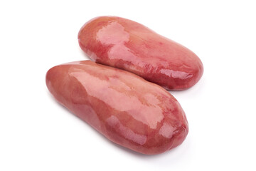 Raw pork kidneys, offals, isolated on white background. High resolution image.
