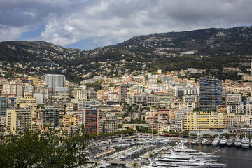 Beautiful panoramic view on Monaco at daytime with Hercules Port (Port Hercule). Principality of...