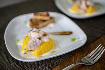 Typical colombian food and drinks, appetizers, shrimp in sauce