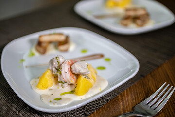 Typical colombian food and drinks, appetizers, shrimp in sauce