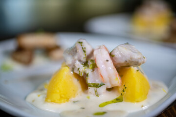 Typical colombian food and drinks, appetizers, shrimp in sauce