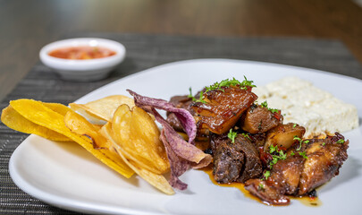 Typical colombian food and drinks, bacon with cheese