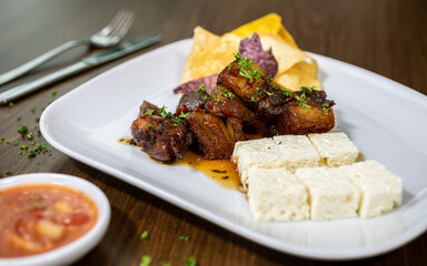 Typical colombian food and drinks, bacon with cheese