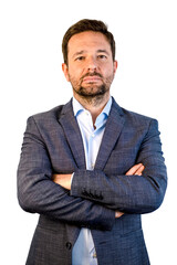 Handsome middle-aged businessman, wearing suit. Standing crossing arms.