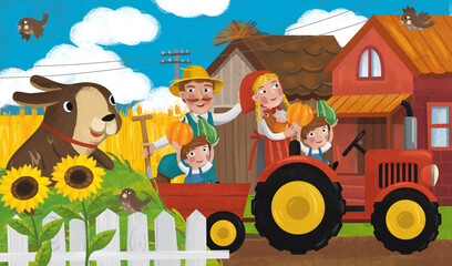 cartoon ranch scene with happy farmer family and dog illustration