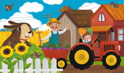 cartoon ranch scene with happy farmer family and dog illustration