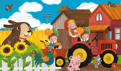 cartoon ranch scene with happy farmer family and dog illustration