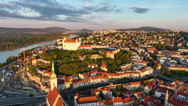 Bratislava Castle or Bratislavsky Hrad aerial panoramic view sunset.