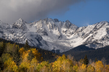 Fototapeta na wymiar USA, Colorado, Uncompahgre National Forest. Snowy Sneffels Range and autumn forest.