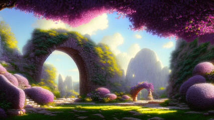 Fairytale garden with stone arch and lilacs. Fantasy landscape, lilac bushes, stone arch, portal, entrance, unreal world. 3D illustration - obrazy, fototapety, plakaty