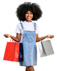 woman holds shopping bags, teen girl smiles and looks at camera