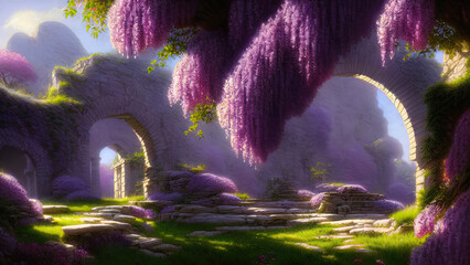 Fairytale garden with stone arch and lilacs. Fantasy landscape, lilac bushes, stone arch, portal, entrance, unreal world. 3D illustration - obrazy, fototapety, plakaty