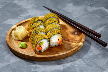 Tempura Maki Sushi Deep Fried Sushi Roll Served on wooden board