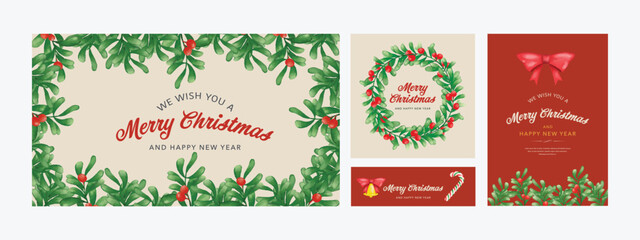 Merry Christmas and Happy New Year greeting card. Watercolor floral border illustration vector.