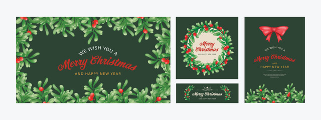 Merry Christmas and Happy New Year greeting card. Watercolor floral border illustration vector.